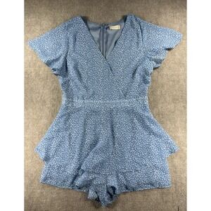 Altar'd State Women's Blue Romper Size Large V-Neck Flutter Sleeve Lined‎
